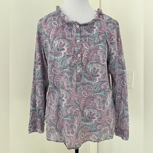 TALBOTS Paisley Ruffle Neck Pullover Half Button Blouse 100% Cotton Casual Boho